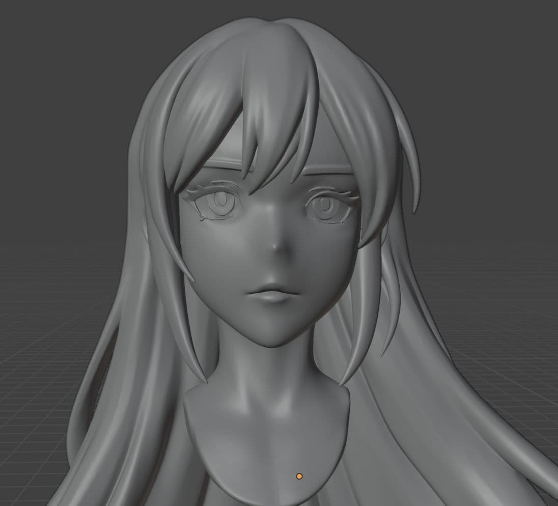 Head reconstructed by UForge3D's per-chunk pipeline — defined eyes with anime-style cuts, sharp brows, clean nose, flowing hair silhouette