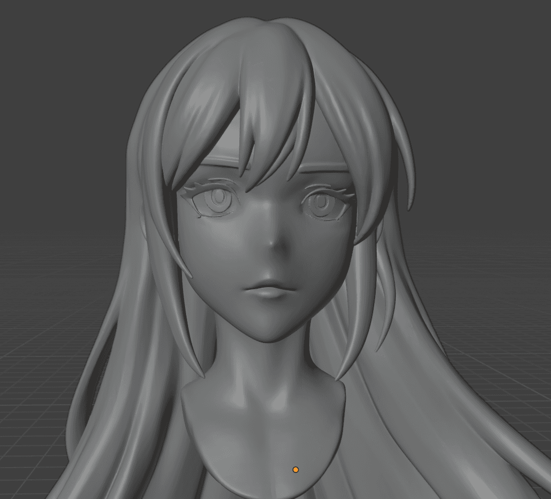 Head reconstructed by Forge3D's per-chunk pipeline — defined eyes with anime-style cuts, sharp brows, clean nose, flowing hair silhouette