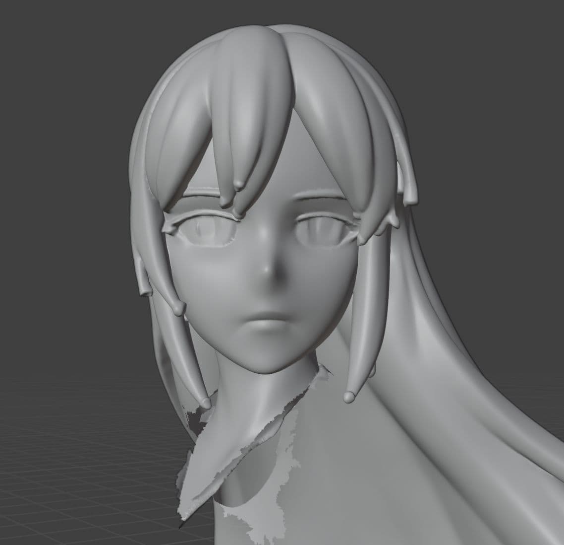 Head reconstructed by automatic parts mode — vacant eyes, mushy mouth, noodle-like hair strands