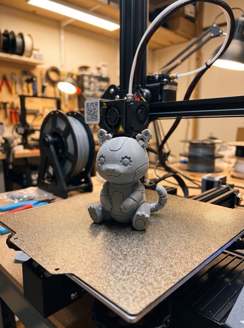 Gray FDM print fresh on the print bed of a consumer 3D printer