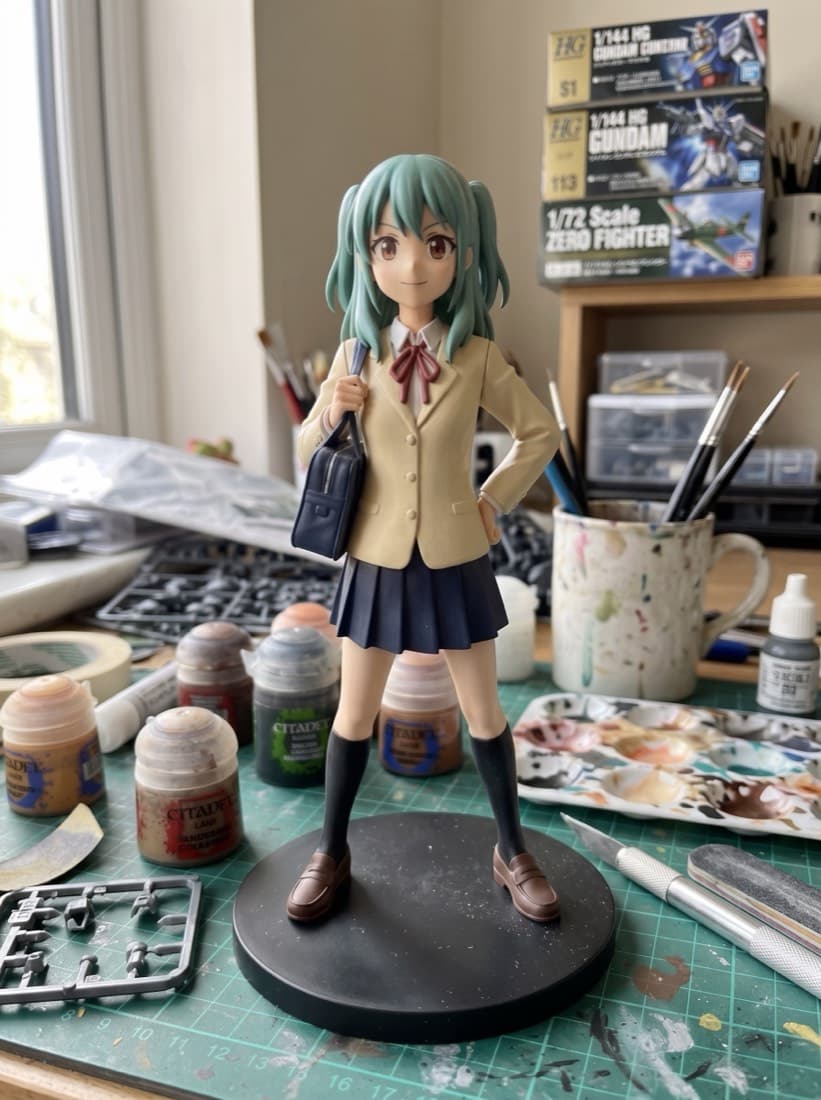 Hand-painted schoolgirl figure from the stylization demo on a hobby desk